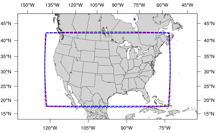 Map of the continental United States 3 kilometer domain. The computational grid boundaries appear in red and the write-component grid appears just inside the computational grid boundaries in blue.